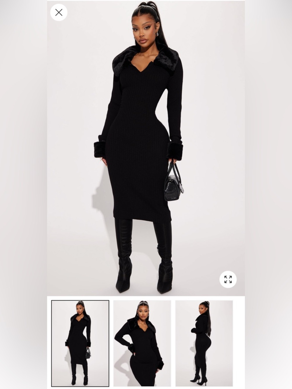 Black Ribbed Knit Midi Dress with Faux Fur Trim